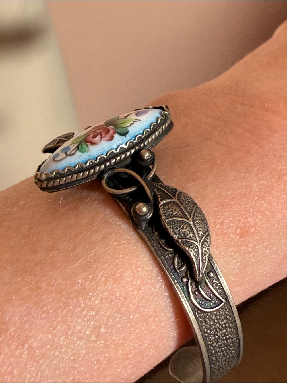 Vintage Russian Rostov Finift Hand Painted silver cuff bracelet Victorian Boho - Picture 5 of 16